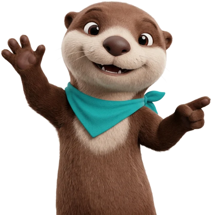 Lulu la loutre fait coucou et pointe vers la droite